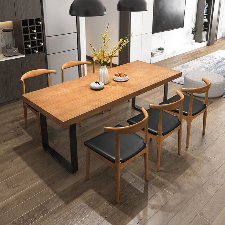 Modern Solid Wood Table Rectangle Dining Table with Metal Double Pedestal Base