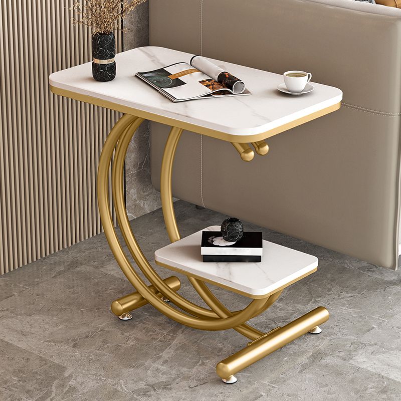 Modern Rectangle Slate Top End Table 23.6" Tall Iron C Side Table with Shelf