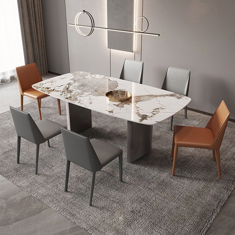 Moderne rechthoekige stenen tafel standaardhoogte dubbele voetstuk eettafel