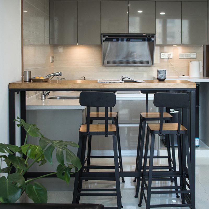 Juego de mesa de bar industrial de madera maciza, mesa de mostrador rectangular de 1/5 piezas con taburetes altos