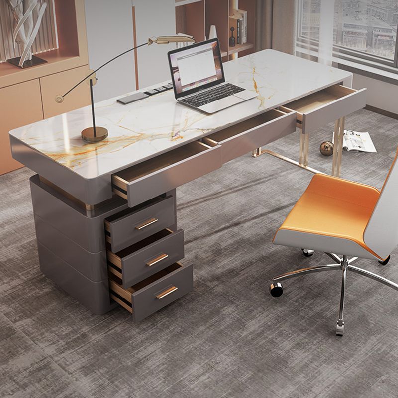 Grey Office Desk Mirrored Rectangular Drawers Storage Desk with Metal Leg Clearhalo 'furn' 'furn_office_desk' 'Furniture' 'Office Desks' 'Office Furniture' 'office_desk' 1200x1200_cc8e88f7-c064-423f-a45a-d98e0578f74a