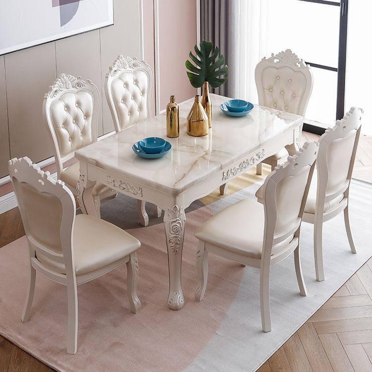 White Color Rectangle Marble Fixed Dinner Table with 4 Legs for Dining Room