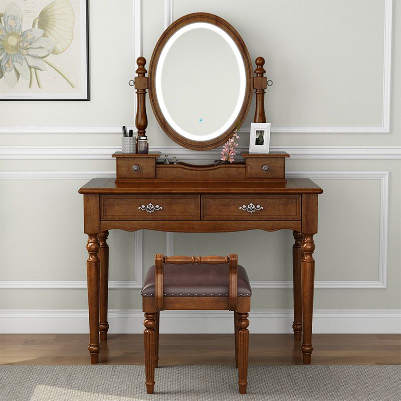 Vanity di trucco in legno in solido marrone con cassetti e tavolo da toeletta a specchio