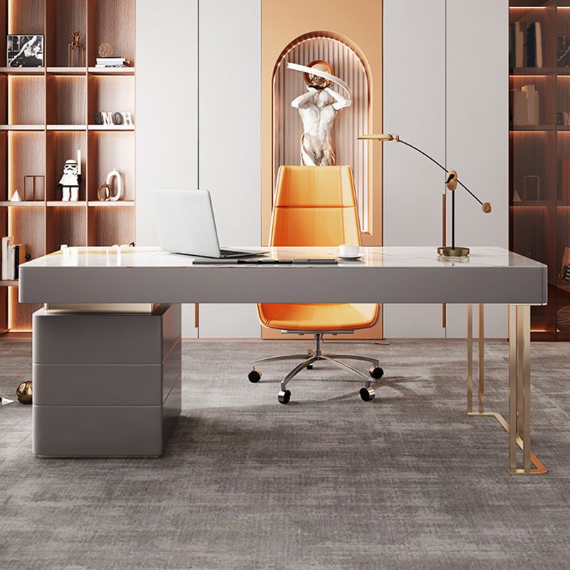 Grey Office Desk Mirrored Rectangular Drawers Storage Desk with Metal Leg Clearhalo 'furn' 'furn_office_desk' 'Furniture' 'Office Desks' 'Office Furniture' 'office_desk' 1200x1200_ccaecd1e-41e1-4ef4-96ff-76bd0ae31120