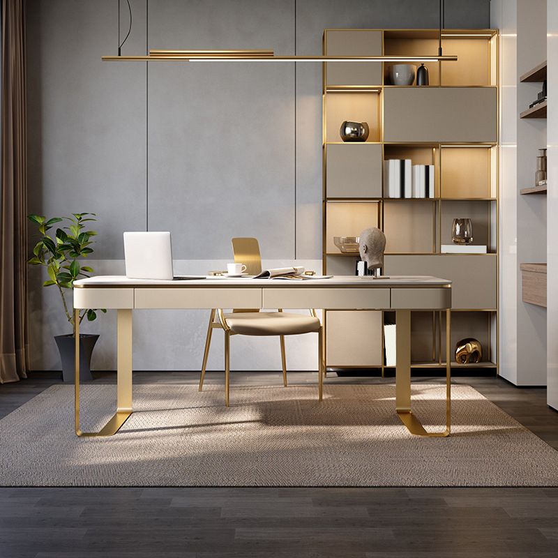 White and Gold Writing Desk Glam Curved Office Desk with Drawers Clearhalo 'furn' 'furn_office_desk' 'Furniture' 'Office Desks' 'Office Furniture' 'office_desk' 1200x1200_ccb9f2af-695c-43fa-bd1a-0f364eddf637