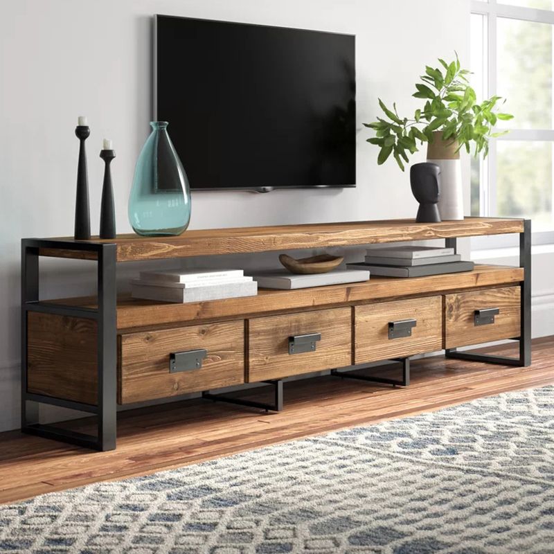 Brown Media Console mit Regalen Industriekiefern Holz Top -TV -Medienstand