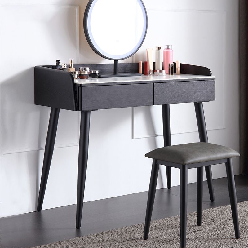 Contemporary Stone Makeup Dressing Table 33.5" H 2 Drawers Vanity Table in Black Clearhalo 'Bedroom Furniture' 'furn' 'furn_makeup_vanities' 'Furniture' 'Makeup Vanities' 'makeup_vanities' 1200x1200_cce2b749-e54c-4fe6-8c3b-e8ccfc385740
