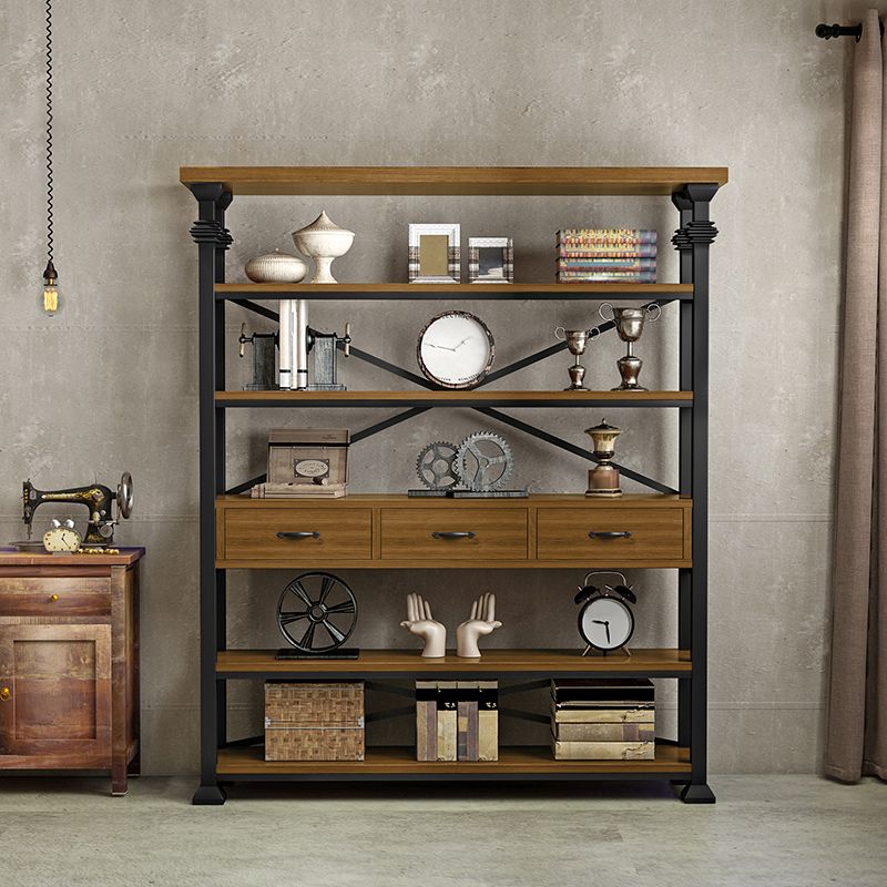 Open Back Standard Bookcase Industrial Wooden Bookshelf with Drawers