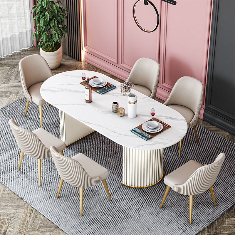Oval Sintered Stone Dining Table Modern Table in White with Metal Double Pedestal Base Clearhalo ' dining_table' 'Dining Tables & Seating' 'Dining Tables' 'furn' 'furn_dining_table' 'Furniture' 'furniture_dining_table' 'Kitchen & Dining Furniture' 'kitchen&dining_furn' 'kitchen' 'kitchen_dining_table' 1200x1200_cd2d5513-910b-476f-9340-ab9c9c4ffc20