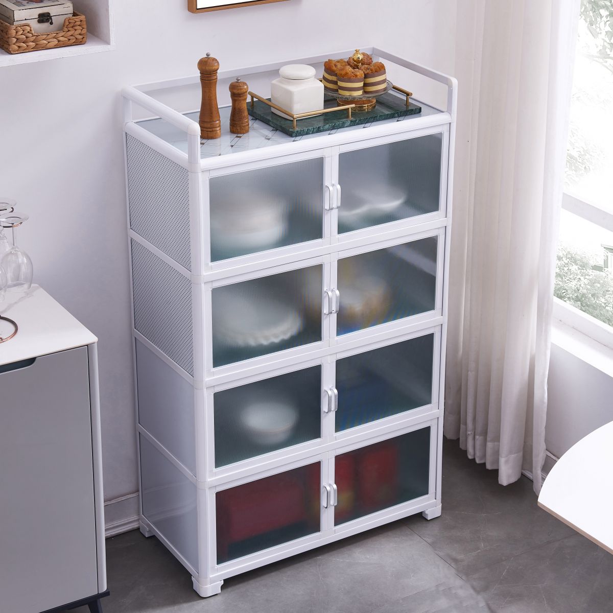 Contemporary Metal Dining Server White Kitchen Cabinets with Glass Doors Clearhalo 'buffet_sideboard' 'Buffets & Sideboards' 'furn' 'furn_buffet_sideboard' 'Furniture' 'furniture_buffet_sideboard' 'Kitchen & Dining Furniture' 1200x1200_cd3c0027-3918-4b16-b150-c4d6fc500633