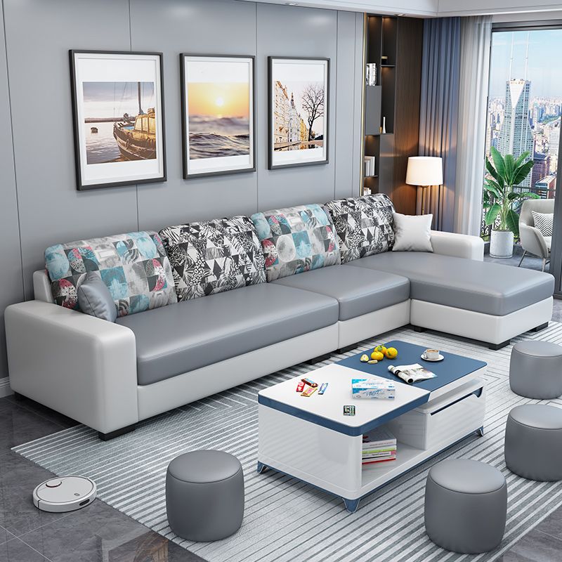 Scandinavian Faux Leather Sectional with Square Arm for Four People