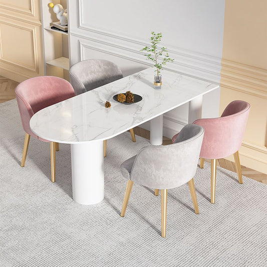 Simple Stone Top Table for Restaurant Oval Table with Three White Pedestal Clearhalo 'Dining Tables & Seating' 'Dining Tables' 'dining_table' 'furn' 'furn_dining_table' 'Furniture' 'Kitchen & Dining Furniture' 1200x1200_cd68f7a3-55c8-4f04-afc0-0a3d958f07d5