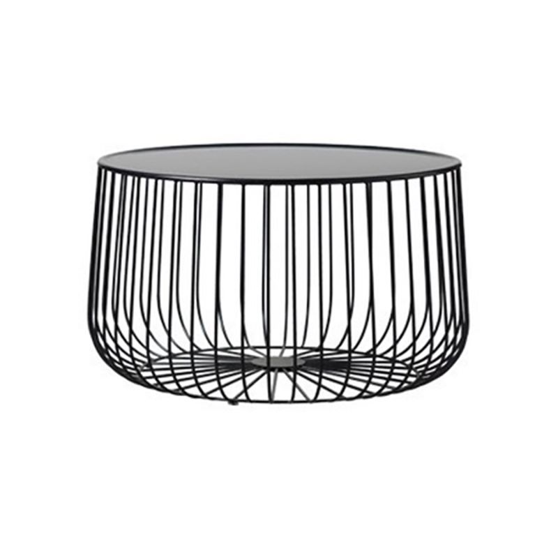 Mesa de centro redonda moderna de hierro de mediados de siglo, mesa de cóctel con estructura de latón/negro y almacenamiento