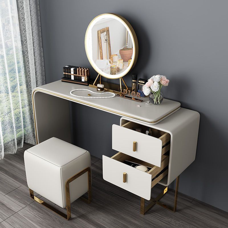 Glam Vanity Table and Stool Set 2-Drawer Faux Leather Vanity Dressing Table