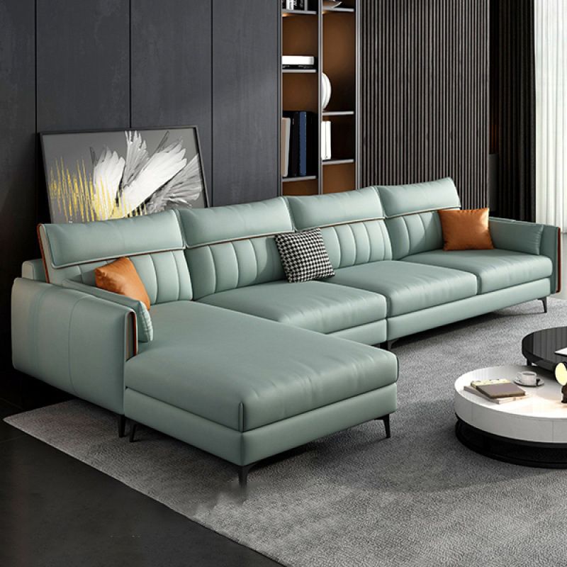 Faux Leather Stain-Resistant Sectional with Pillow Back for Four People Clearhalo 'furn' 'furn_sectionals' 'Furniture' 'Living Room Furniture' 'Sectionals' 1200x1200_cde7c2a3-669c-4c88-a2f9-047e4d6eac88