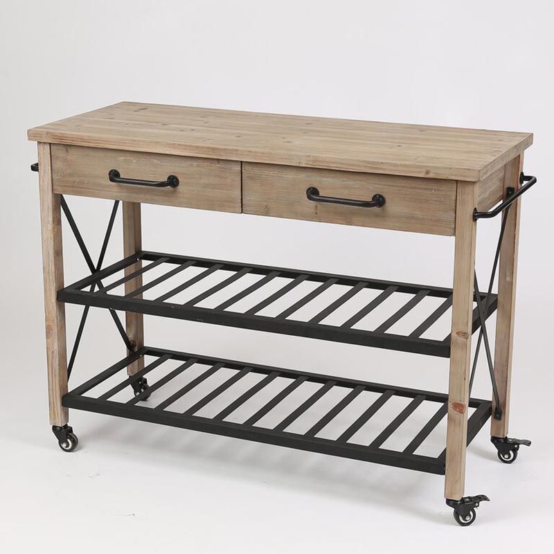 Eigentijdse rollende keukenkar houten rechthoekige keukeneiland kar met handdoekrek
