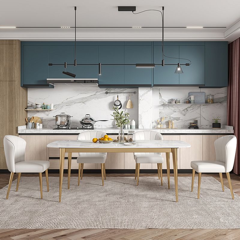 Luxury Sintered Stone Dining Table Rectangle Table with Metal Base and 4 Legs in Gold Clearhalo ' dining_table' 'Dining Tables & Seating' 'Dining Tables' 'furn' 'furn_dining_table' 'Furniture' 'furniture_dining_table' 'Kitchen & Dining Furniture' 'kitchen&dining_furn' 'kitchen' 'kitchen_dining_table' 1200x1200_ce0e9413-f9d0-4869-bc98-c95b529c8bea