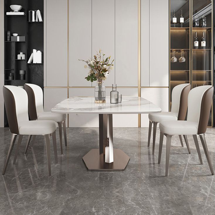 Modern Dining Table Rectangle Stone Top Table with Stainless Steel Pedestal Base Clearhalo 'Dining Tables & Seating' 'Dining Tables' 'dining_table' 'furn' 'furn_dining_table' 'Furniture' 'furniture_dining_table' 'Kitchen & Dining Furniture' 'kitchen' 'kitchen_dining_table' 1200x1200_ce10e0e5-87aa-461b-881a-7d99db7f38c6