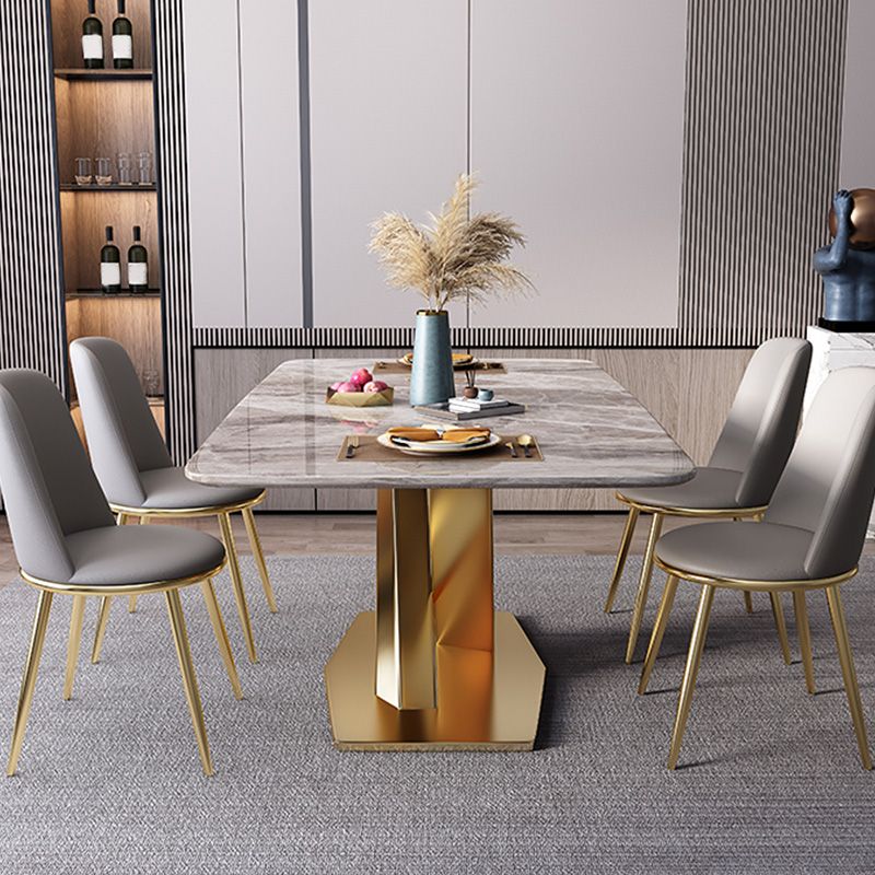 Mesa de comedor rectangular moderna, mesa superior de piedra gris brillante para el hogar