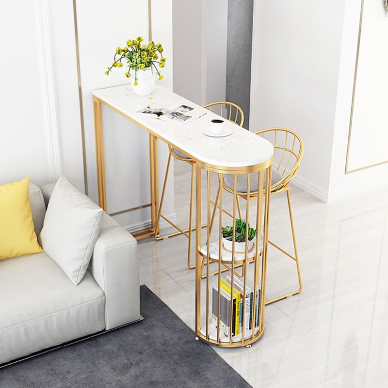 Glam White Faux Marble Pub Bar Table Gold Iron Double Pedestal Bar Dining Table with Shelf Clearhalo 'Bar Furniture' 'Bar Tables' 'bar_tables' 'furn' 'furn_bar_tables' 'Furniture' 'furniture_bar_tables' 'Kitchen & Dining Furniture' 1200x1200_ce674f62-46ee-426a-a87b-1a38e2d2c003