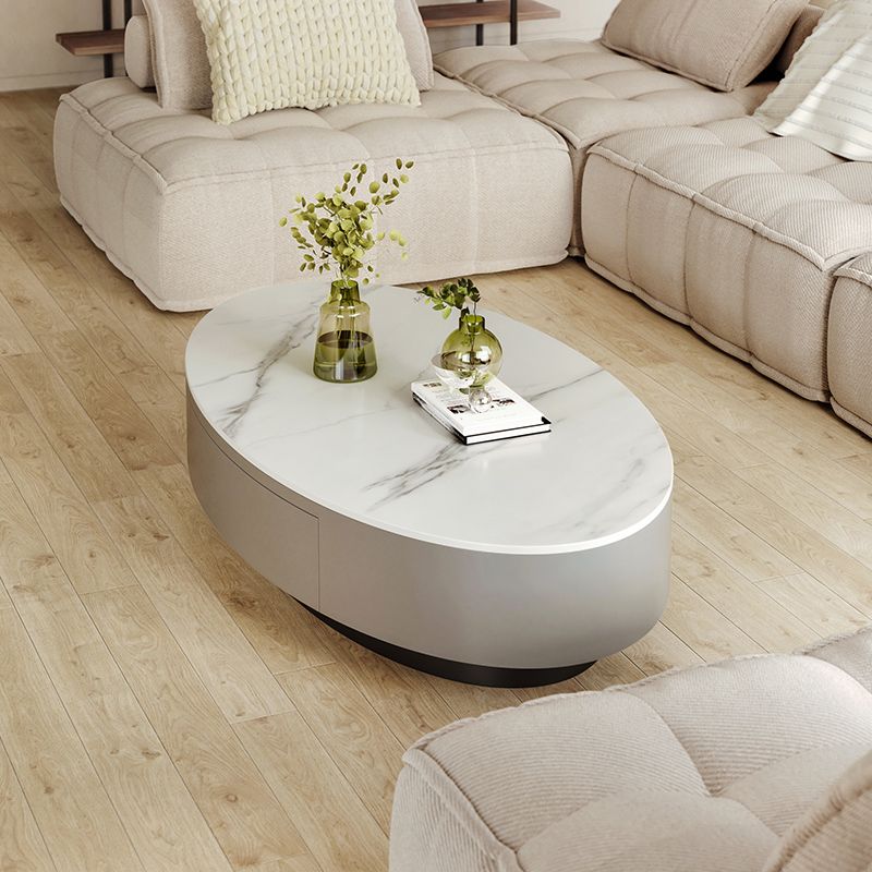 Mesa de café de pizarra ovalada de tambor de 13.7 "de altura con cajón para sala de estar