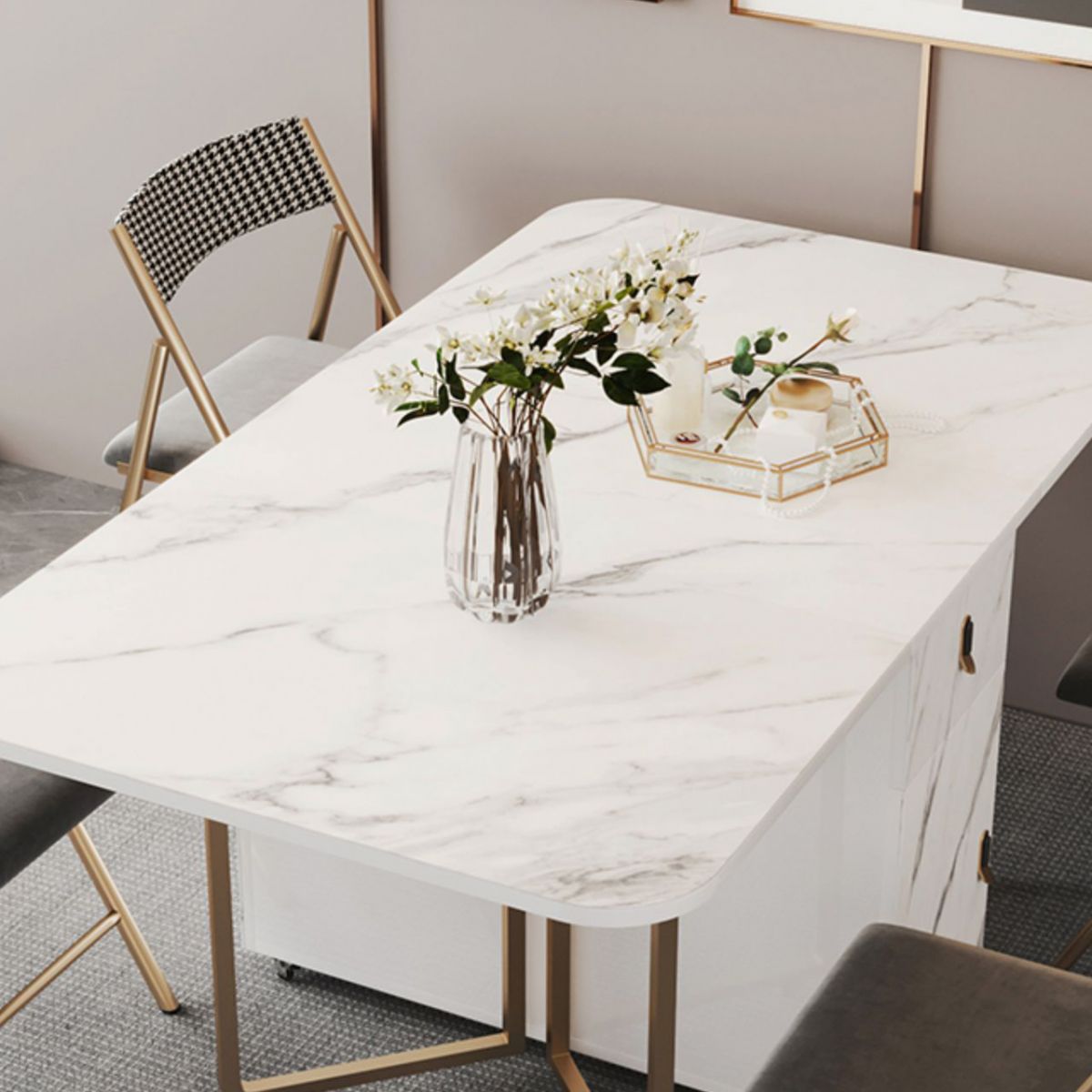 Modern Foldable Dining Room Set Standard Height with Gold Base Dining Furniture Clearhalo 'Dining Room Sets' 'Dining Tables & Seating' 'dining_room_set' 'furn' 'furn_dining_room_set' 'Furniture' 'furniture_dining_room_set' 'Kitchen & Dining Furniture' 'kitchen&dining_furn' 'kitchen' 1200x1200_ce866100-73ed-4e25-98ee-ff6c66d73d57