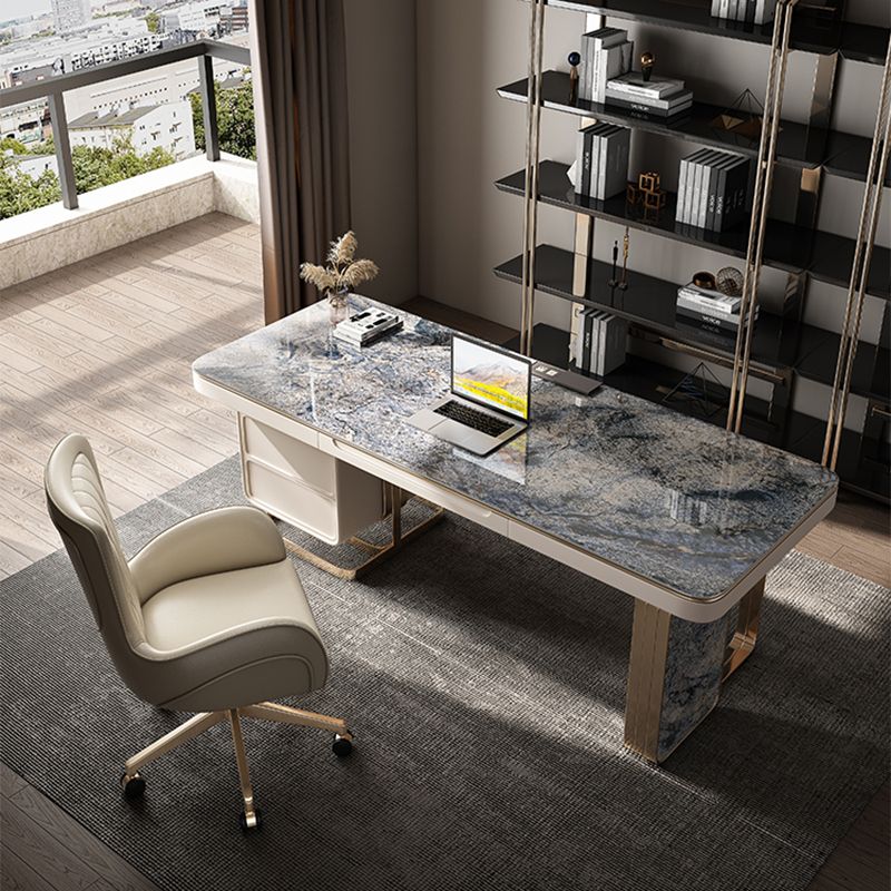 Glam Stone Rectangle Writing Desk 2 Drawers 29.53" Tall Office Desk Clearhalo 'furn' 'furn_office_desk' 'Furniture' 'Office Desks' 'Office Furniture' 'office_desk' 1200x1200_cea3eee2-b562-44c5-ab27-83c6c64aedf4