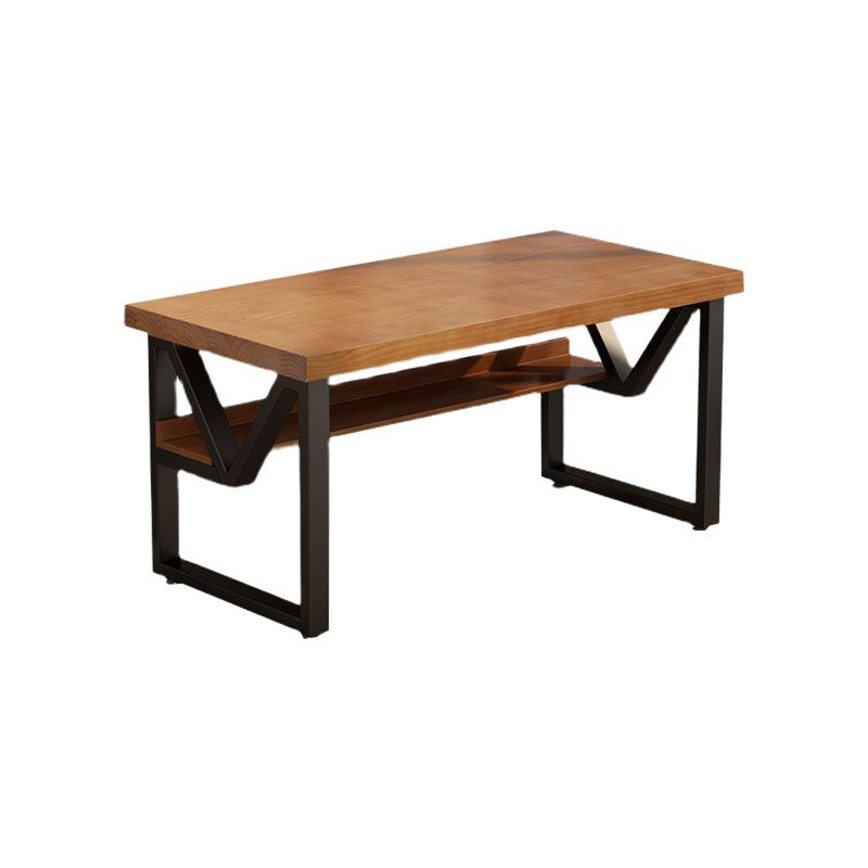 Wooden Rectangular Office Desk Brown Home Writing Desk with Shelf with Metal Legs