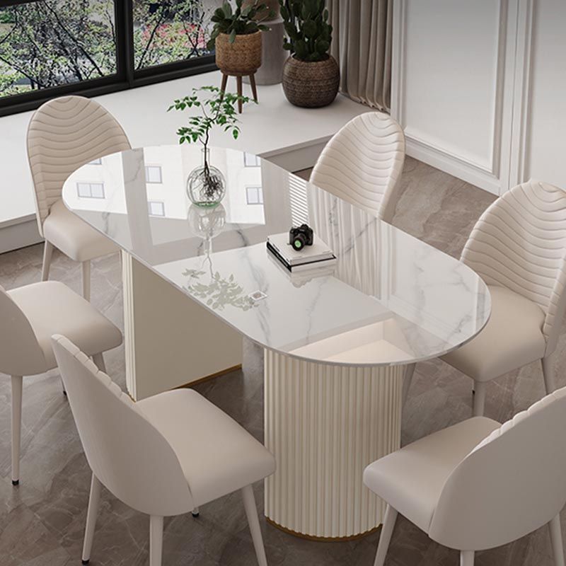 Metal Contemporary White Dining Table Marble Top Table with Double Pedestal Clearhalo 'Dining Tables & Seating' 'Dining Tables' 'dining_table' 'furn' 'furn_dining_table' 'Furniture' 'furniture_dining_table' 'Kitchen & Dining Furniture' 'kitchen' 'kitchen_dining_table' 1200x1200_ceb7a43a-2a7f-43bf-a4af-ff7860297ddd