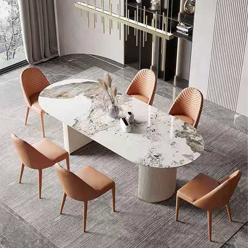 Contemporary Dining Table Stainless Steel Base Oval Double Pedestal Table for Home