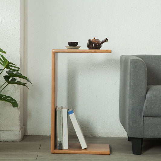 24.4" H Solid Wood Side Table Rectangular Brown/Natural End Table with Floor Shelf