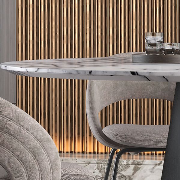 Contemporary Gray Marble Round Dining Table with Wooden Pedestal