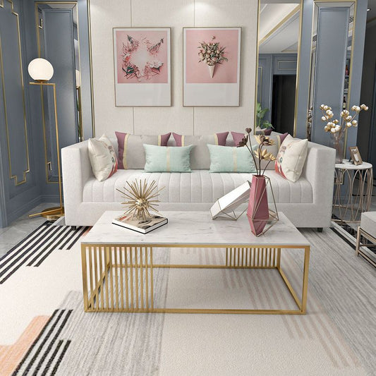 Tavolino rettangolo in stile glam con top in marmo e base di cornice di ferro