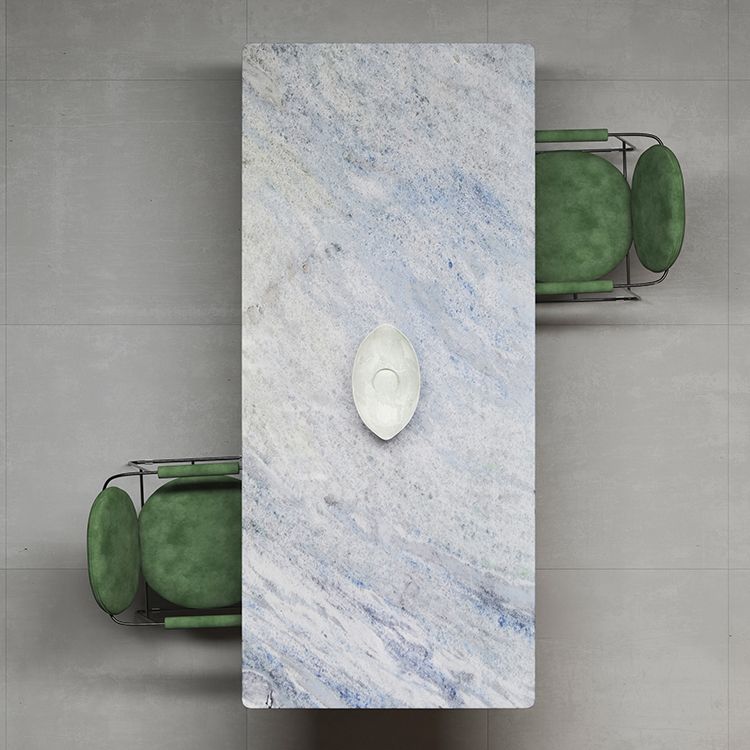 Hedendaagse rechthoek blauw marmer eettafel met dubbele voetstuk