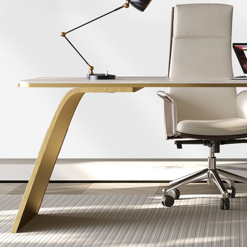 Modern Stone Office Desk Rectangular Shape Task Desk with 2-Legs in White and Gold