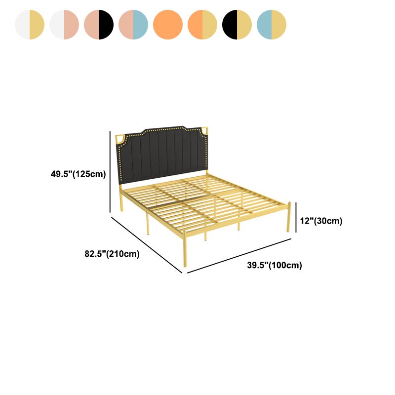 フェイクレザーステップヘッドボードとネイルヘッドトリム付きアイアンベッド
