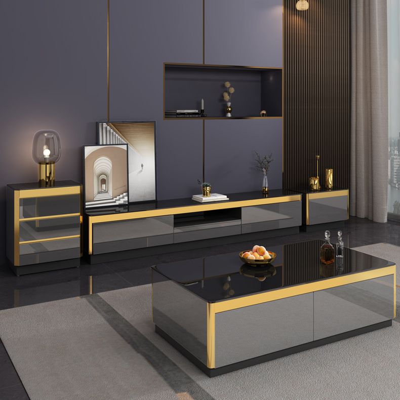 Glam TV Media Stand avec des tiroirs et une console de média TV en verre en bois