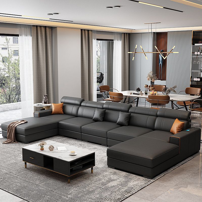 Square Arm Sectional Dark Gray Cushion Back Storage Faux Leather Living Room Sofa Clearhalo 'furn' 'furn_sectionals' 'Furniture' 'furniture_sectionals' 'Living Room Furniture' 'Sectionals' 1200x1200_cf495b1e-5a83-4297-9759-70ccd47ea739