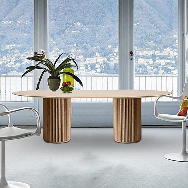 Rectangle Brown Modern Dining Table Solid Wood Table with Double Pedestal Base Clearhalo ' dining_table' 'Dining Tables & Seating' 'Dining Tables' 'furn' 'furn_dining_table' 'Furniture' 'furniture_dining_table' 'Kitchen & Dining Furniture' 'kitchen&dining_furn' 'kitchen' 'kitchen_dining_table' 1200x1200_cf51d8af-4dbd-4e50-992a-019e6fe30897