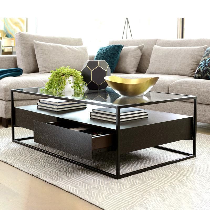 17.7" H Modern Rectangle Glass Coffee Table Metal Frame Cocktail Table with Storage Clearhalo 'Coffee & Accent Tables' 'Coffee Tables' 'coffee_tables' 'furn' 'furn_coffee_tables' 'Furniture' 'Living Room Furniture' 1200x1200_cf6477db-95aa-4f2d-800f-03f9c66dd9c9