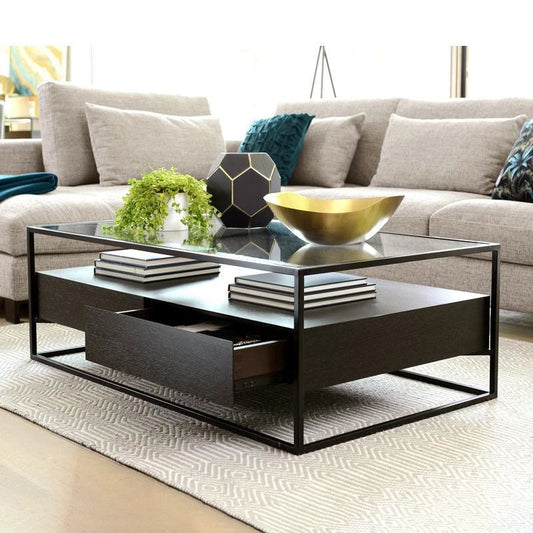 17.7" H Modern Rectangle Glass Coffee Table Metal Frame Cocktail Table with Storage Clearhalo 'Coffee & Accent Tables' 'Coffee Tables' 'coffee_tables' 'furn' 'furn_coffee_tables' 'Furniture' 'Living Room Furniture' 1200x1200_cf6477db-95aa-4f2d-800f-03f9c66dd9c9