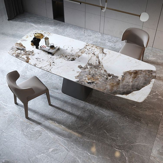 Metal Traditional Luxury Rectangular Dining Table Sintered Stone Top Table with Pedestal Base