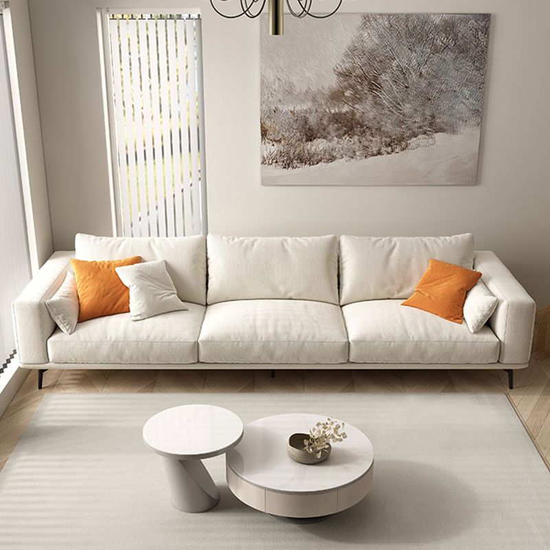 Square Arm Loose Back Sofa and Chaise Slipcovered White Fabric Sofa