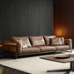 Square Arm Loose Back Sofa Mid Century Modern Genuine Leather Sofa in Brown