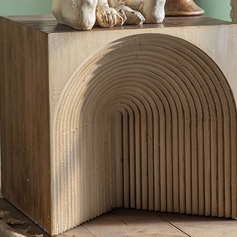 Solid Wood Drum End Table Rustic Engraved Design Accent Side Table