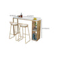Mesa de pub con base dorada, mármol sintético y mesa de bar blanca con 2 estantes