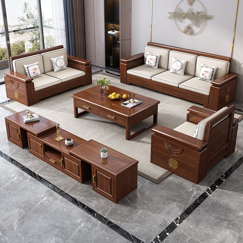 Sofá de marco de madera maciza contemporánea en sofá de mezcla de algodón marrón