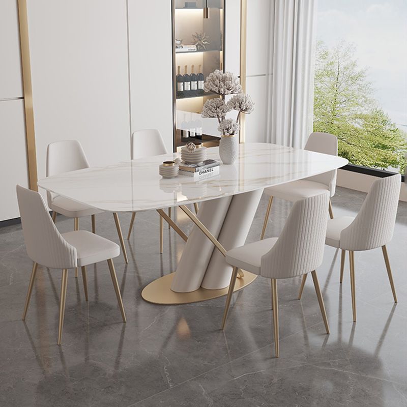 Contemporary Style Sintered Stone Dining Table with White Fixed Table and Trestle Base Clearhalo 'Dining Room Sets' 'Dining Tables & Seating' 'dining_room_set' 'furn' 'furn_dining_room_set' 'Furniture' 'furniture_dining_room_set' 'Kitchen & Dining Furniture' 'kitchen&dining_furn' 'kitchen' 1200x1200_cfc53505-2adf-4c47-86ce-2af60cb5d903