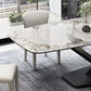 Tavolo da pranzo moderno rettangolare con piano bianco e base a X in metallo nero