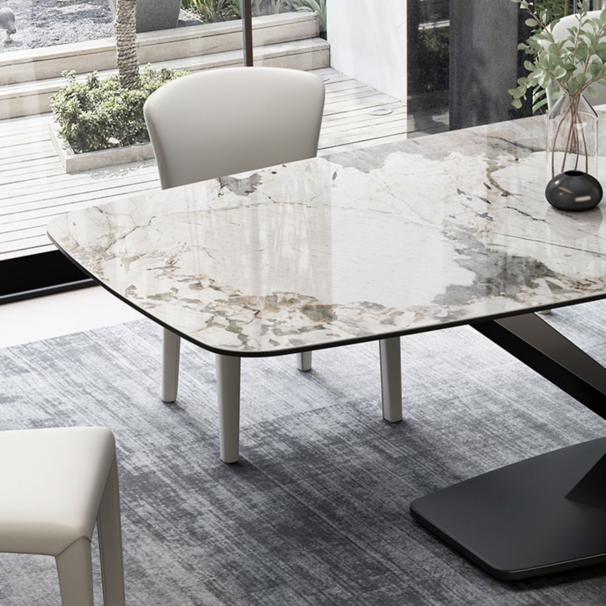 Tavolo da pranzo moderno rettangolare con piano bianco e base a X in metallo nero